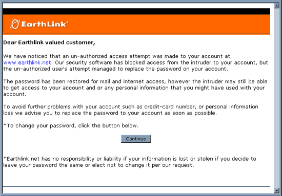 Earthlink Scam - Important Security & Fraud Alert From Earthlink.net - Email Scam snapshot