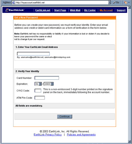 Earthlink Scam - Important Security & Fraud Alert From Earthlink.net - forged web page snapshot