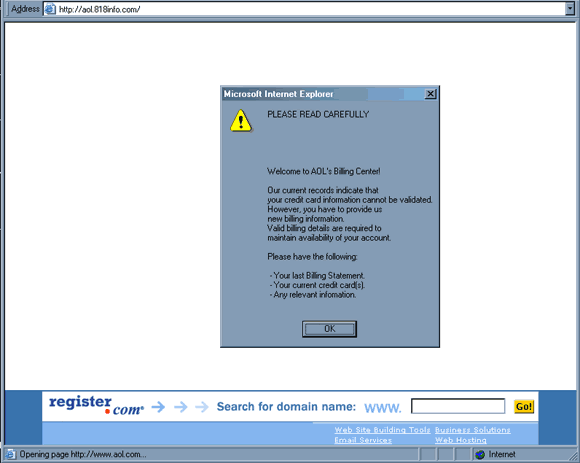 AOL Billing profile update - Email Scam snapshot