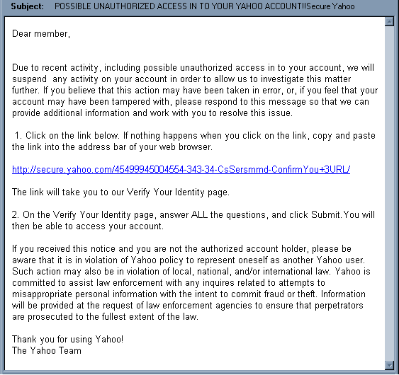 POSSIBLE UNAUTHORIZED ACCESS IN TO YOUR YAHOO ACCOUNT!! Secure Yahoo - Email Scam snapshot