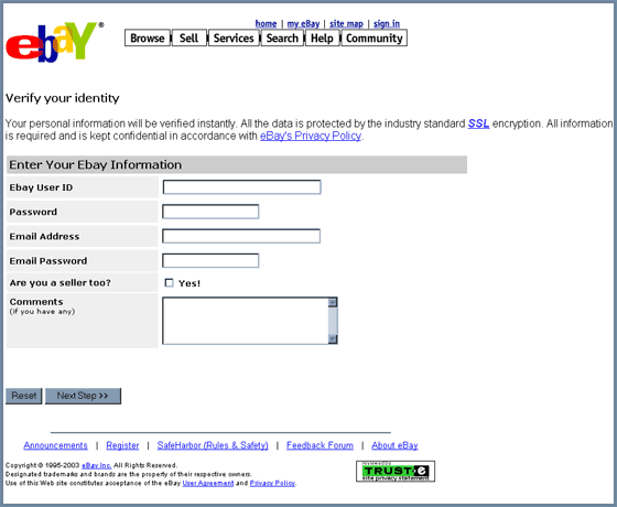 eBay Regular Maintenance - Phishing Scam forged web page 2