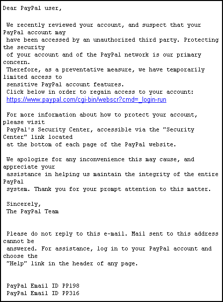 Notification of PayPal Limited Account Access - Spoof Email Phishing Scam