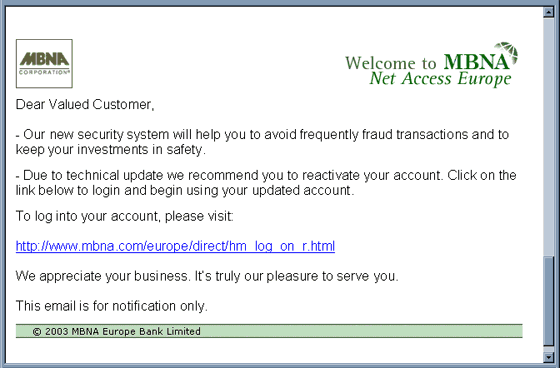 MBNA officiaI notice! - Spoof Email Phishing Scam