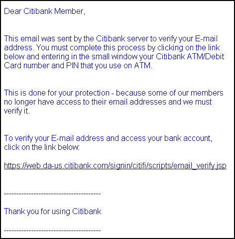 Citibank E-mail verification - Spoof Email Phishing Scam