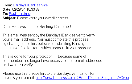 Barclays iBank - Please verify your e-mail address - Spoof Email Phishing Scam