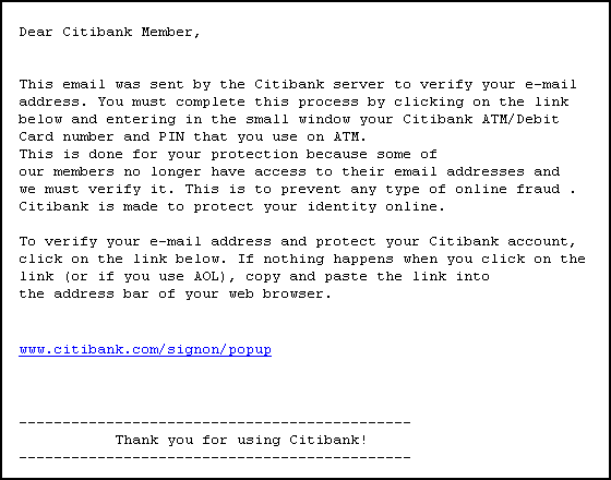 Citibank Email Verification Required - Spoof Email Phishing Scam