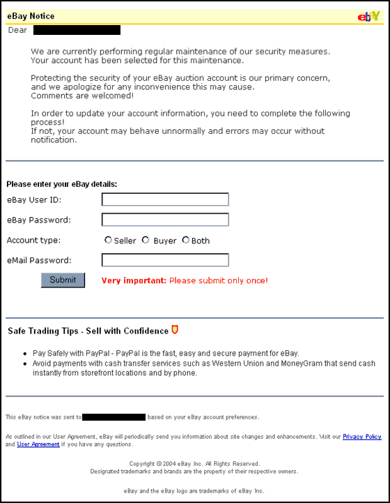 eBay - Important notice! - Spoof Email Phishing Scam