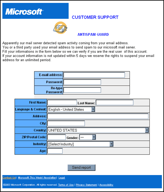 Microsoft - Update your information! Spam detected! - Spoof Email Phishing Scam