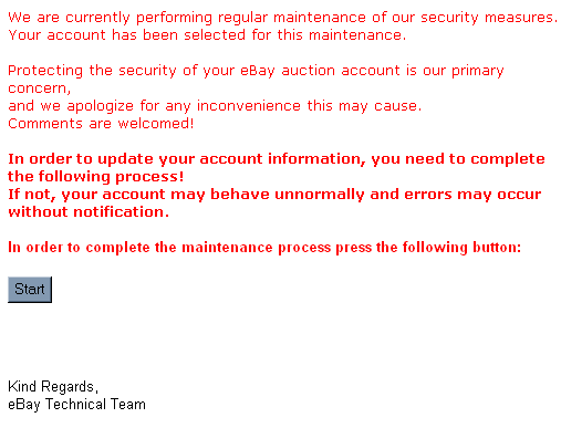 eBay Regular Maintenance - Spoof Email Phishing Scam
