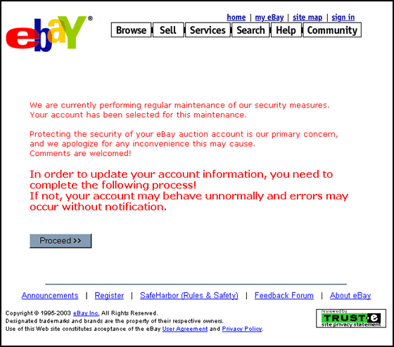 eBay Regular Maintenance - Spoof Email Phishing Scam