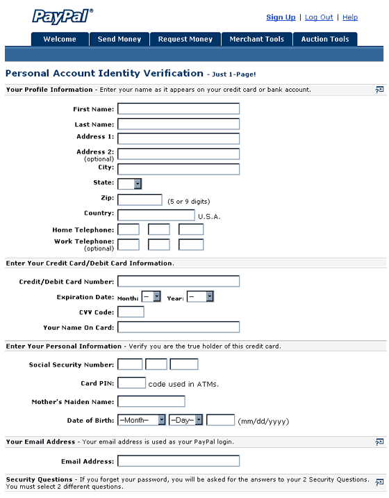 Paypal - Verify Your Identity forged web page.