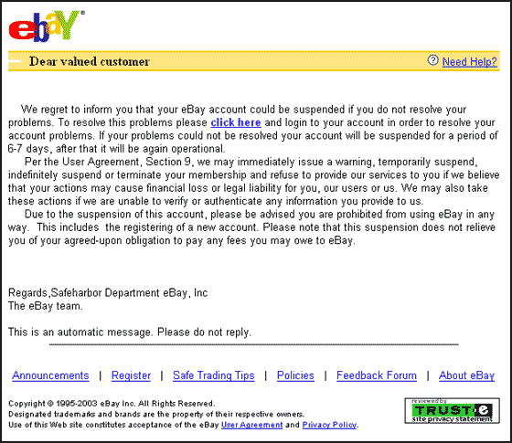 eBay Security Measures: Verify your identity spoof email