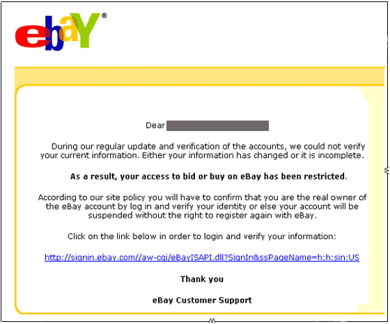 eBay Account Suspended spoof email