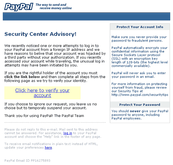 Paypal Security Advisory spoof email