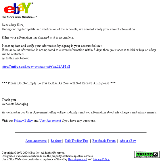 NEW FORM OF URL SPOOFING - Open now: eBay account information spoof email