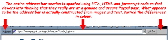 Snapshot showing the spoofed address bar made with images and text to give the bogus page a genuine appearance.