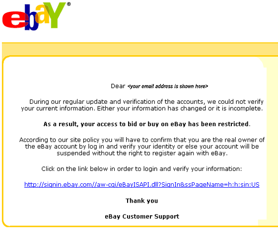 eBay Account Suspended spoofed email