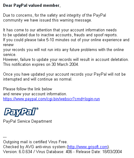 PayPal account update information spoof email