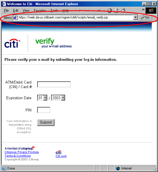 Verify your E-mail with Citibank web page forgery.