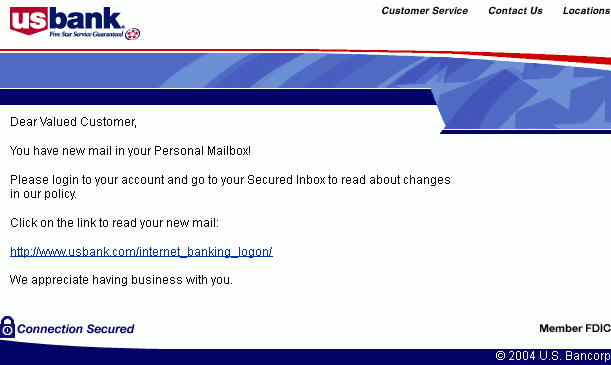 US Bank - Customer Alert Message! spoofed email