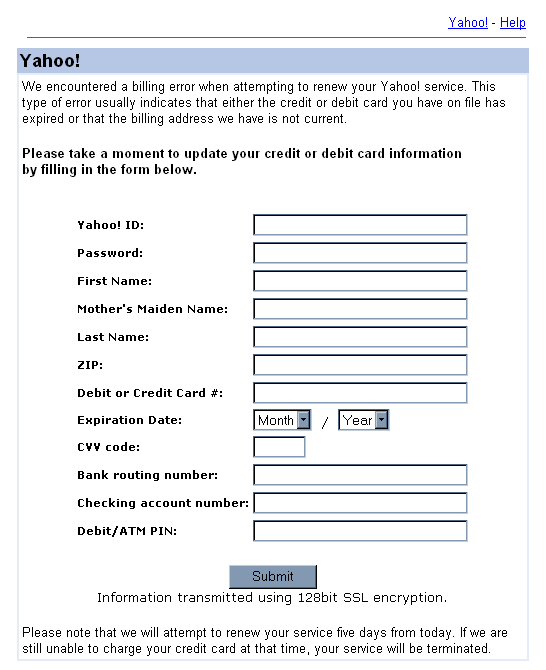 YAHOO - 'Information From Support Regarding Your Account Cttv4JI151' forged web page