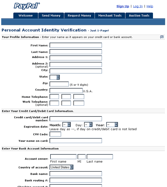 PayPal Security Account Verification forged web page.