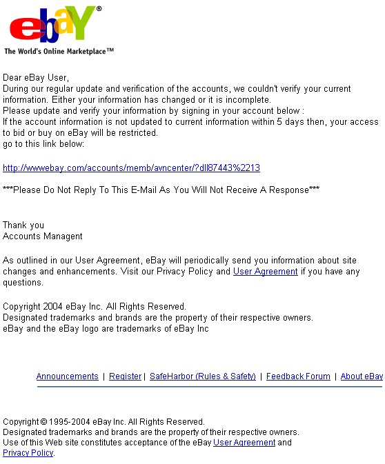 eBay Verify Information spoofed email