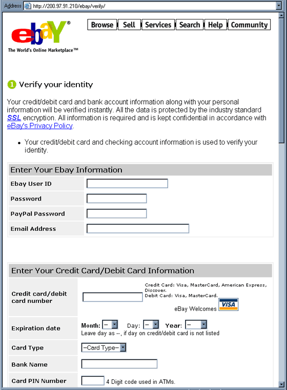 eBay Verify Information forged web page.