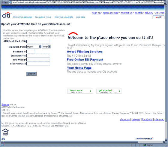 Citibank Fraud Verification Process forged web page.