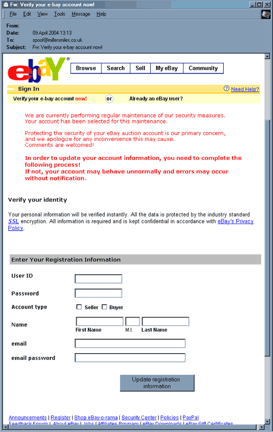 Verify your e-bay account now! Spoofed Email.