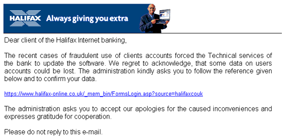 Halifax Internet banking spoofed email.
