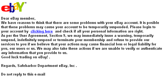 eBay Account Suspended need verification spoofed email.
