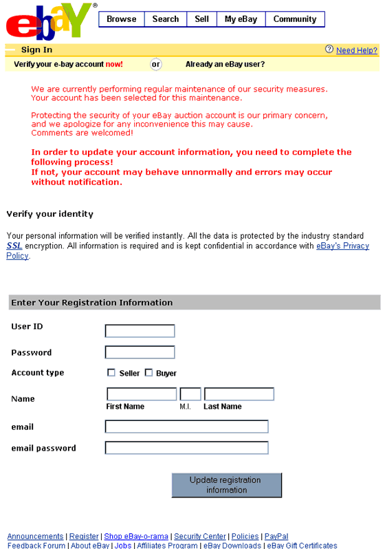 TKO NOTICE: eBay Registration Suspension - Possible Unauthorized Account spoofed email with web form.