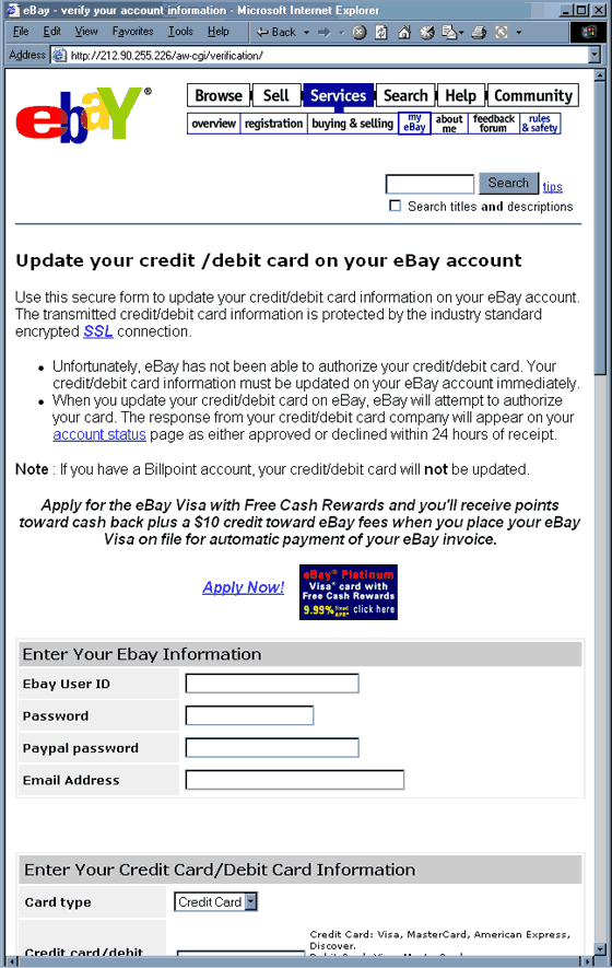 Please verify your account information - forged eBay web page.