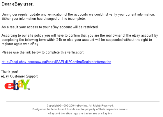 eBay Security (Verification of your Account) spoofed email