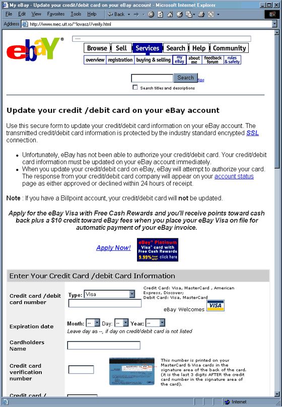 eBay Security (Verification of your Account) forged web page