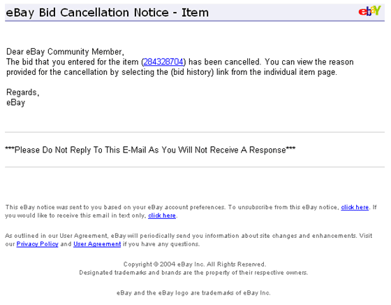 eBay Bid Cancellation Notice spoofed email.