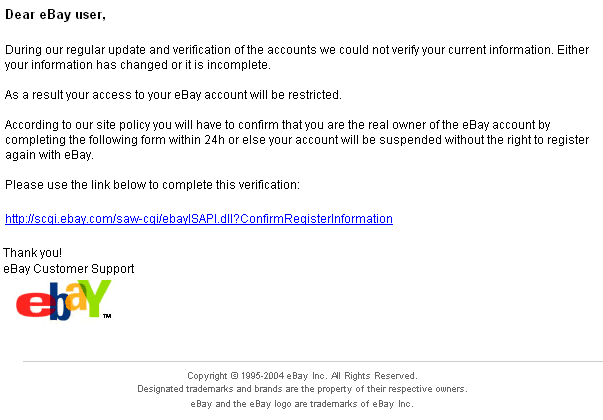 eBay SafeHarbour - Important Security Notice - spoofed email