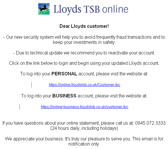 Important news from Lloyds Bank - spoofed email