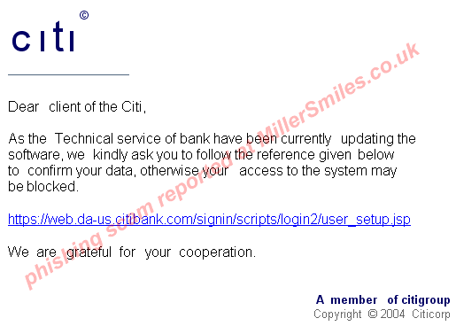 your Citibank account - spoofed email OR Citibank regular verification.