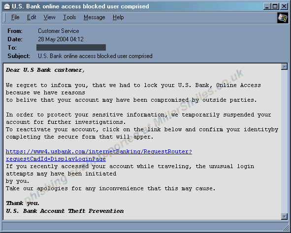 U.S. Bank online access blocked user comprised