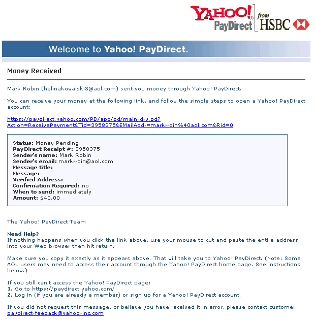 Mark Robin sent you $40.00 using Yahoo! PayDirect!