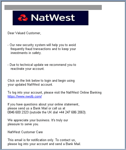 Nat West Bank Security Update email scam.