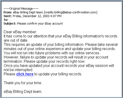 eBay Spoof Email Scam - 'Please confirm your Ebay account'.