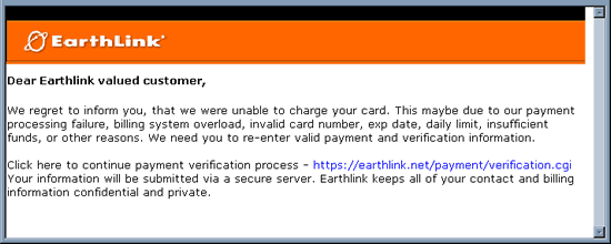 Earthlink Account - Email Scam