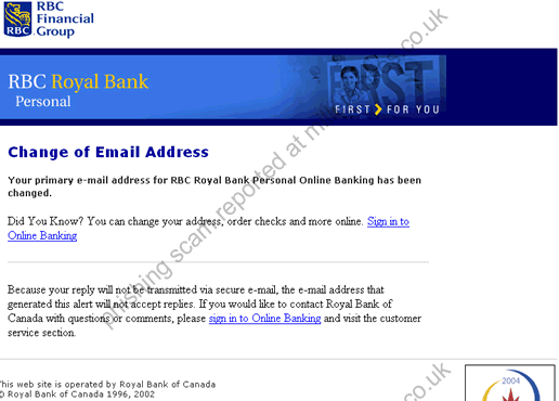Change Of Email Address Royal Bank Of Canada Phishing Scams